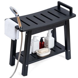 FLyjoe 24 INCH Extra Large Shower Bench for Inside Shower Shaving Legs, Waterproof HDPE Shower Chair Seat with Storage Shelf and Handles Spa Shower Stool for Bath Tub Bathroom Use, Black