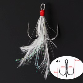 Conskyee 20pcs Feather Treble Fishing Hooks Size 4 Tied Round Bend Barbed Triple Hooks with White Feather