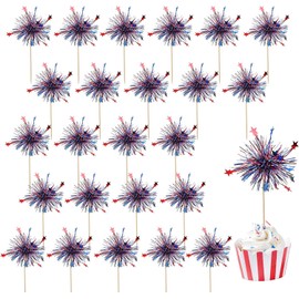 24Pcs American Patriotic Cupcake Toppers, 4th of July Foil Firework Cupcake Toppers Tinsel Drink CupCake Decoration Picks Independence Day Supplies Favor