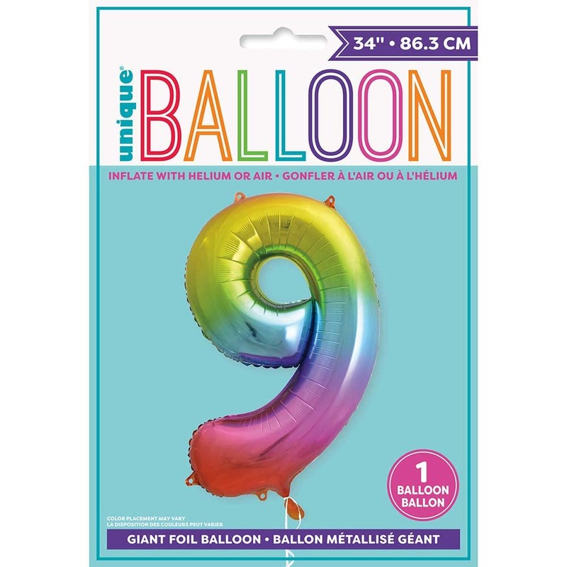 Giant Number 9 Balloons, 86 cm, Rainbow Colours