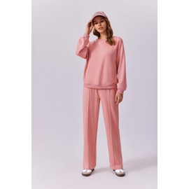 PINSPARK Lounge Sets For Women Long Sleeve Crewneck Sweatshirts Drawstring Straight Leg Matching Sets Airport Travel Outfits Pink M