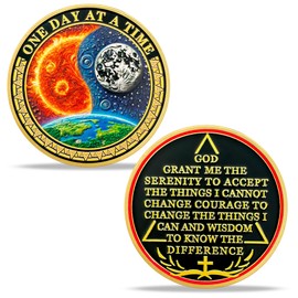Sun Moon Earth Sobriety Coin Gifts | One Day at a Time AA Coin - HA AA Chip Medallion with Inspirational Message | Alcoholics Anonymous Gifts for Anniversary Month & Year for Men & Women in Recovery