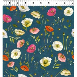 Clothworks Poppy Dreams Digital Tossed Poppies Y3987-105 Dark Teal fabric BTHY Sue Zipkin