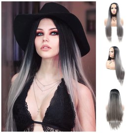 RainaHair Silver Grey Long Straight Lace Front Wigs with Dark Roots for Women Synthetic Wig with Middle Parting Heat Resistant 26inch (Gray/Lace Front Wigs)