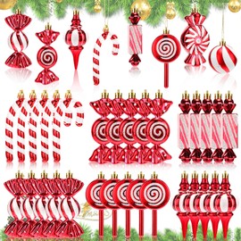 Sliner 48 Pcs Christmas Candy Peppermint Ornament Set Glitter Plastic Candy Cane Ornament Christmas Hanging Lollipop Candy Swirl Decorations with Rope for Xmas Tree Party Favors