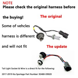 Rear Outside Tail Light Lamp Socket & Wire Harness Compatible with 2017 2018 2019 Kia Sportage EX LX SXL SX 4 Door Model Non-LED ! 92480-D9020 92480D9020