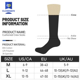 Closemate 6 Pairs Men's Cushion Crew Calf Socks Wicking Athletic Cotton Socks for Sport Training Work (6White, 10-13(L))