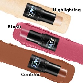 Kit de maquillaje en barra de contorno en crema de 3 piezas, tonos con barra iluminadora, barra de rubor y barra de contorno bronceador para esculpir 