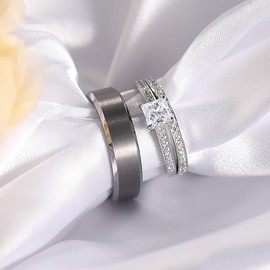Wedding Bands for Couples Promise Rings for Him and Her Men's Tungsten Rings & Women's Rings Set with Princess Cut Cubic Zirconia Inlay