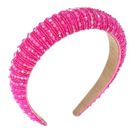 Gmmidea Beaded Rhinestone Headband for Women Girls Fashion Sparkly Crystal Headband Bling Thick Padded Headband Fancy Jeweled Hair Band Holiday Glitter Hair Accessories A-Hot Pink