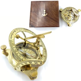 AnNafi® 5" Solid Brass Sundial Compass with Teak Wood Box Nautical Device - Maritime Golden-Tone Vintage Look Replica Collectible with 3 Adjustable Legs Calibrated Vintage Gift (with Wooden Box)