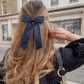 3PCS Bow Hair Clip - Black Dark Blue Cherry Red Hair Bows for Girls Silky Satin - Solid Color Large Bowknot Hairpin with Long Ribbon - Barrettes Accessories for Girls Women