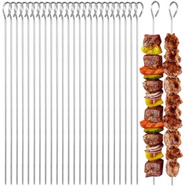 Pack of 24 Stainless Steel Barbecue Skewers, BetterJonny Roulade Needles, Barbecue Skewers, Reusable Grill, Kabob Skewers, Meat Skewers, Metal Skewers for BBQ, Meat, Vegetables, 30 cm