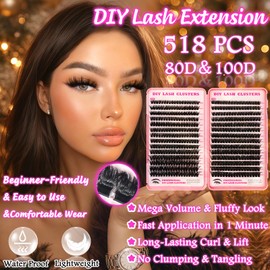 Lash Cluster Eyelash Extensions, 10-18mm Lash Clusters 80D+100D D Curl Individual Wispy False Eyelashes DIY Fluffy Manga Lash Extension for Beginner Friendly at Home (Volume Lash Clusters 518 Pcs)