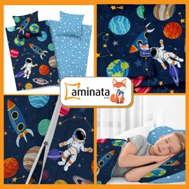 Aminata kids Space Bed Linen 135 x 200 cm Space Motif Children's Reversible Set Boys Rocket Cotton Space Motif with Astronaut YKK Zip Blue