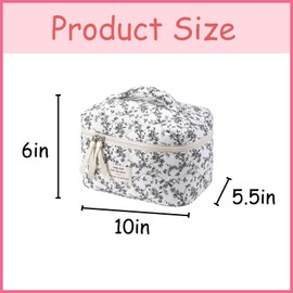 uekeboag Large Travel Quilted Makeup Bag for Women, Floral Cotton Cosmetic Bag, Coquette Aesthetic Floral Toiletry Organizer Bag(Black Flower