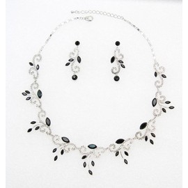 Faship Gorgeous Black Rhinestone Crystal Floral Necklace Earrings Set - Black