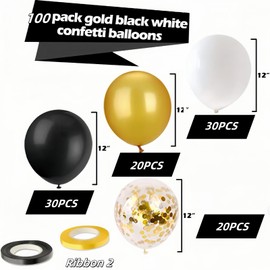 100pcs 12 inch black & gold balloons, black white metallic gold confetti latex balloons for graduation day anniversary wedding engagement baby bath party decoration (Black Gold White)