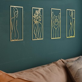 Gold Wall Decor Set of 4, Metal Wall Art, Female Body Modern Abstract Wall Decor for Bathroom, Gold Room Decor, Minimalist Single Line Wall Sculptures Accent Decor for Bathroom Bedroom Living Room