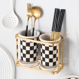 XYQXYQ 2 pcs Utensil Crocks，Checkered Utensil Holder, Ceramic Cooking Utensil With Layered Shelves，Spoon Spatula Holder for Countertop, Kitchen Decor and Accessories (Black)