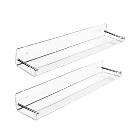 AMT 2 Pack Acrylic Floating Shelves, 15" L x 3.25" W, Clear Bathroom Wall Shelf, Bookshelves, Invisible Display for Office, Bedroom, Small Gap Allows Water to Escape, Free Screws & Drill Bit (Medium)