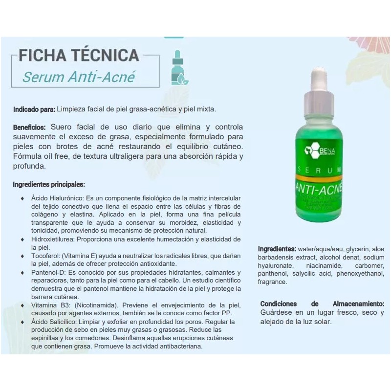 Bena Belleza Natural Serum Suero Anti Acné Hialurónico Salicílico Sábila