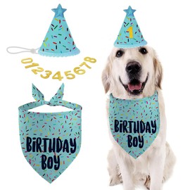 Dog Birthday Bandana Set, Blue Birthday Boy Decorations, HBD Party Supplies with Hat Bandana Numbers for Pets