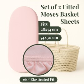 GOTS Organic 2 x Moses Basket Fitted Sheets 74x30 and 28x74cm - Cozy & Breathable – 190GSM Organic Cotton - Compatible with Ovale | Paml & Wicker Moses Baskets