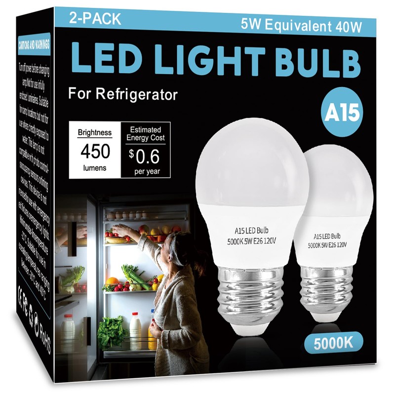 LOXYEE LED Refrigerator Light Bulb 2 Pack，Daylight White 5000K 120V