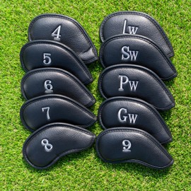 Golf Iron Cover, Magnet, 10 pcs (4-9, PW, GW, SW, LW) Wedge Cover Club Head Cover Set, Synthetic Leather, Black, Silver Number, Left and Right