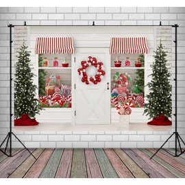 Lofaris Winter Christmas Photography Backdrop Merry Xmas Sweet Candy Storefront Cottage Santa's Wreath Shiny Lights Trees Background Kids Birthday Party Decorations Portrait Photo Studio Props 9x6ft