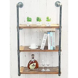 BIXIRAO Industrial Wall Mounted Iron Floating Pipe Wood Shelves/Shelving/Racks/Storage/Bookcases/Brackets, DIY Open Bookshelves/Shelving for Kitchen/Office, Retro Black, Brown