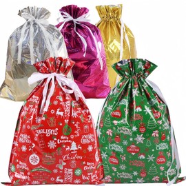 5 Pcs Large Size Foil Gift Bags Christmas Drawstring Wrapping Bags,58 * 43 cm Large Present Sack,Shimmer Foil Wrap Bags,Jumbo Christmas Bag,Reusable Large Drawstring Foil Bags for Gift Xmas Party