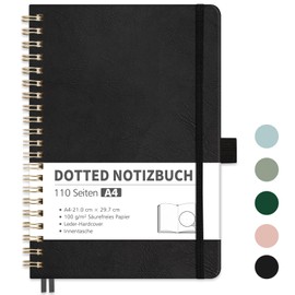 RETTACY Notebook A4 Dotted, Bullet Dot Journal with 100 g/m² Thick Paper, 55 Sheets, Notebook for Office and School, Leather Cover, Black, 21 cm x 29.7 cm