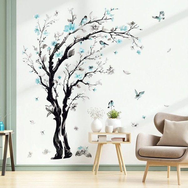 decalmile Large Tree Blue Flowers Wall Stickers Watercolour Birds Wall Decoration Bedroom Living Room Office