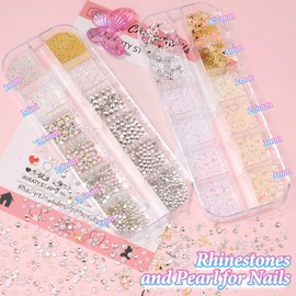 3 Boxes Blossom Flower Nail Charms and Gems, Mixed Sizes Tiny Flowers for Nails White Pink Flowers Nail Art Charms, Half Pearls Caviar Beads Gems Rhinestones Charms for Acrylic Nails Art Supplies