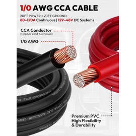 1/0 AWG 40FT Copper Clad Aluminum Battery Cable Kit (20FT Red + 20FT Black)