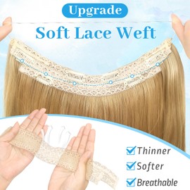 KooKaStyle Invisible Wire Hair Extensions Long Wavy Layered Synthetic Hair Extensions with Transparent Wire Adjustable Size 6 Secure Clips Honey Blonde Hairpieces for Women 20 Inch