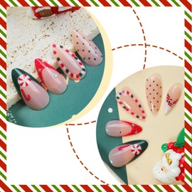 Christmas Press on Nails French Tip Short Almond Fake Nails Nude False Nails with Red Green Border Designs Candy Star Winter Glossy Glue on Nails Xmas Acrylic Nails for Women Girls 24 Pcs