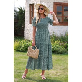 BTFBM Women Casual Short Sleeve Crew Neck Summer Dress Bohemian Floral Printed Flowy Maxi Dresses Tiered Cocktail Dress (Floral Green White, Small)