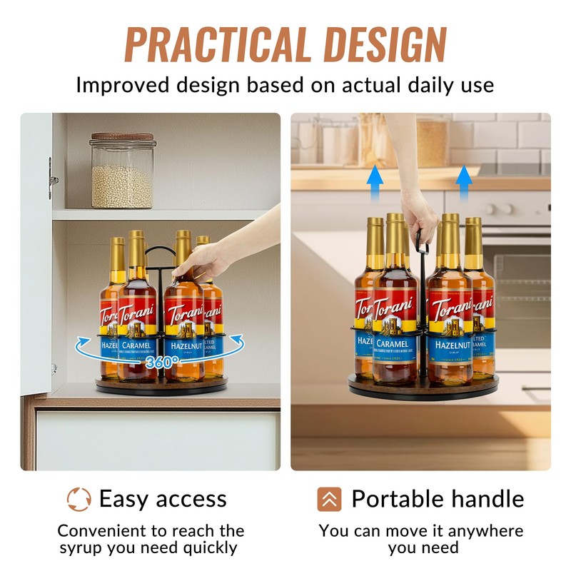 SUNNEKO Rotating Coffee Syrup Organizer Hold 6 Bottles, Wood Coffee