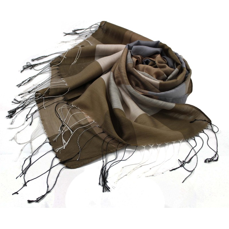 Rotfuchs Woven Scarf Checked Fashionable Brown Beige 100% Polyester R-139,