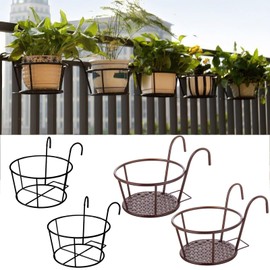 River-CJ 4 Pack Round Hanging Railing Planters, Metal Hanging Plant Holder Flower Pot Holder Iron Art Hanging Baskets Fence Planters for Balcony Garden Patio Indoor and Outdoor Plants (Bronze+Black)