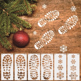 LYPER 6Pcs Snowflake and Santa Claus Footprint Stencil -12x5.5inch, Reusable Plastic Craft Drawing Painting Template for Spraying Window Door Wood Christmas Card DIY Decoration