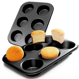 ASBAYSON 2 Packs Premium Steel Muffin Pan for Baking, Round Muffin Baking Pan, Baking Tray for Muffins, Cupcakes, Brownie(Black, 6 Cup)
