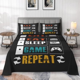 Zzzboro 4 Pcs Fitted Sheet Set Full Size, Gamer Gaming Video Game Controller, Bed Decor Black Eat Sleep Game Repeat Bedroom Sets Pillowcase Bedsheet Bedding Flat Sheet for Kids and Adults