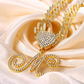 Flongo Women's Necklace Silver Necklace: Gold Iced Out Cuban Link Chain Kuban Plate Chain Statement Curb Chain Fashion Jewellery Women Choker Hip Hop Jewellery Chains with A Pendant Gift for Men