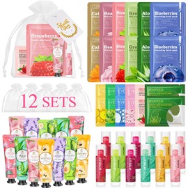 LFENYIGI 72 piezas de regalos a granel para mujeres, mascarillas faciales a granel, bálsamos labiales, cremas de manos y parches para el contorno de ojos, artículos para fiestas de spa, recuerdos para