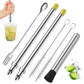 6-Piece Professional Lemonade Stand Kit,Includes 2pcs 316 Stainless streel Straw Punchers for Plastic Lids,Stainless Steel Muddler,Mixing Spoon and 2 Straw Cleaning Brushes for Lemonade Preparation