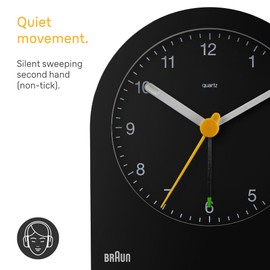 Braun Classic Analogue Alarm Clock with Snooze and Continuous Backlight, Quiet Quartz Movement, Crescendo Beep Alarm in Black, model BC22B.